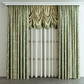 Green Curtains With Gold Patterns And Elegant Valance White Sheer Panels Interior 3d model