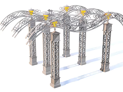 Decorative Iron Pergola Featuring Carved Columns Curved Top And Yellow Lamps 3d model