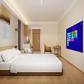 Bright Cozy Modern Hotel Guest Room With King Size Bed And City View Window