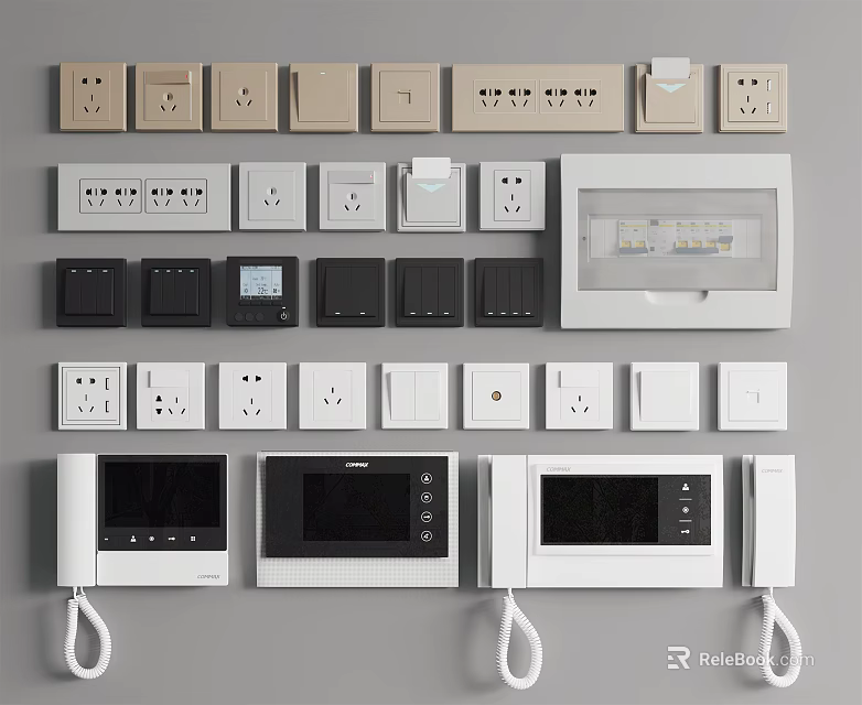 Various Switch Panels with Sockets and Controls in Neutral Color Designs 3d model 