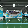 Modern Indoor Parking Garage With Directional Signage Green Flooring Yellow Speed Bumps And Parked Cars