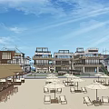 Coastal Architectural Area With Lighthouse Modern White Buildings And Outdoor Sun Umbrellas
