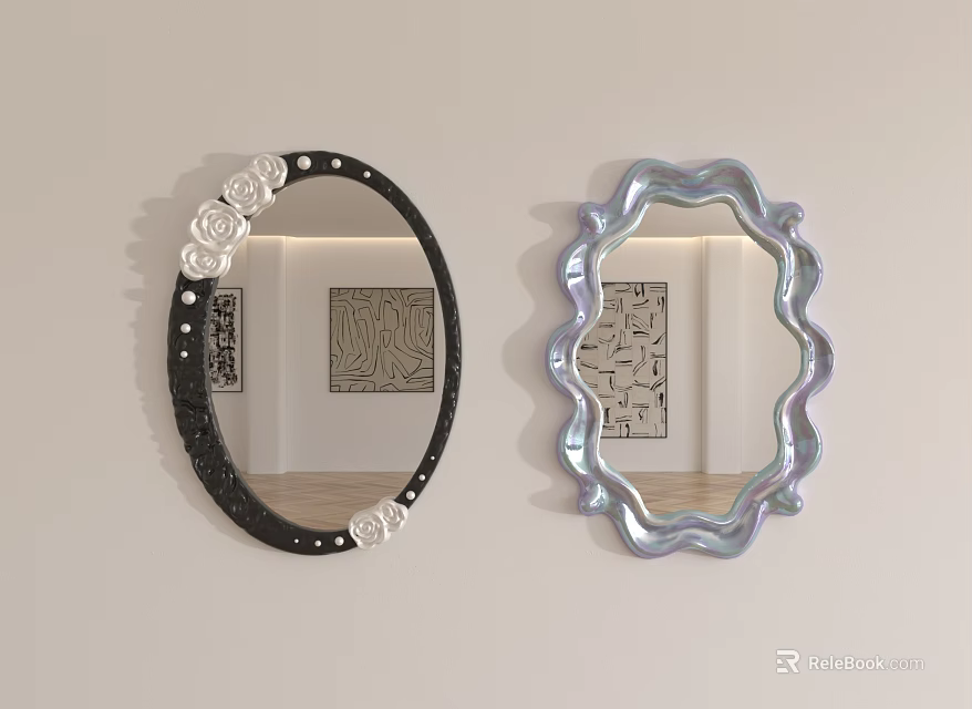 Oval Black Frame Mirror with White Rose Decor and Scalloped Pearlescent Mirror Reflecting Room Interior 3d model 
