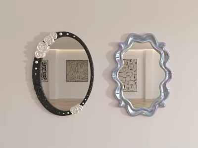 Oval Black Frame Mirror with White Rose Decor and Scalloped Pearlescent Mirror Reflecting Room Interior 3d model