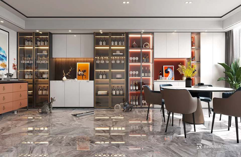 Modern Open Restaurant Interior With Glass Wine Cabinets Marble Floor And Dining Table Chairs 3d model 