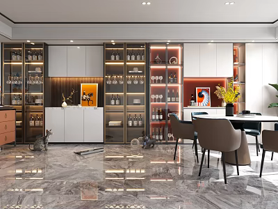 Modern Open Restaurant Interior With Glass Wine Cabinets Marble Floor And Dining Table Chairs 3d model