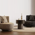 Stylish Single Seater Sofas with Woven and Patterned Designs by Wooden Floor and Side Table 3d model
