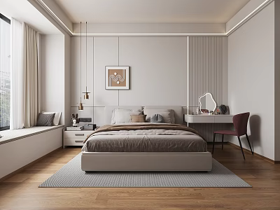 Modern Bedroom Interior With Bed Nightstand Desk Chair Window Curtains And Decorative Rug 3d model