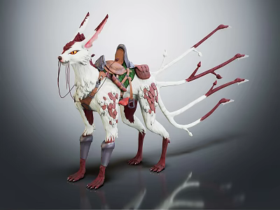 Fantasy Adventurer Riding White Red Mythical Beast With Antlers And Multiple Tails 3d model
