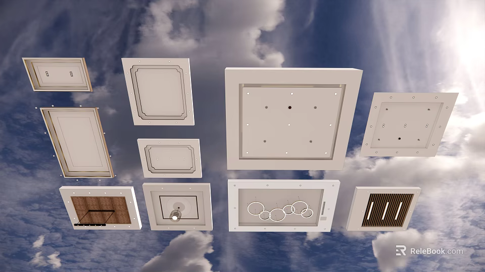 Modern Ceiling Design Featuring Various Square Panel Styles And Patterns 3d model