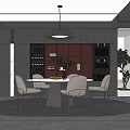 Modern Restaurant Interior With Round Dining Table Gray Chairs Pendant Light And Dark Cabinets