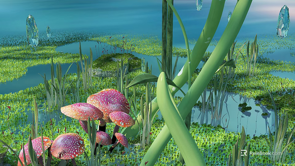 Scenic Natural Wetland Landscape With Pink Spotted Mushrooms And Tall Green Reeds 3d model 