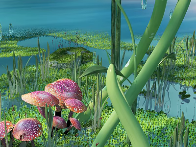 Scenic Natural Wetland Landscape With Pink Spotted Mushrooms And Tall Green Reeds 3d model
