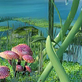 Scenic Natural Wetland Landscape With Pink Spotted Mushrooms And Tall Green Reeds