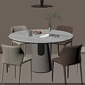 Modern Round Marble Dining Table Set With Six Chairs Greenery Centerpiece And Black Pendant Light