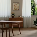 Wooden Dining Table with Chair Cabinet Vase Flowers Camera Wall Art Window White Curtains Plant
