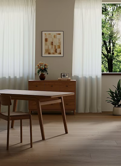 Wooden Dining Table with Chair Cabinet Vase Flowers Camera Wall Art Window White Curtains Plant 3d model