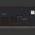 Dark Colored Metal Equipment Cabinet With Double Doors Ventilation Grilles And Warning Labels