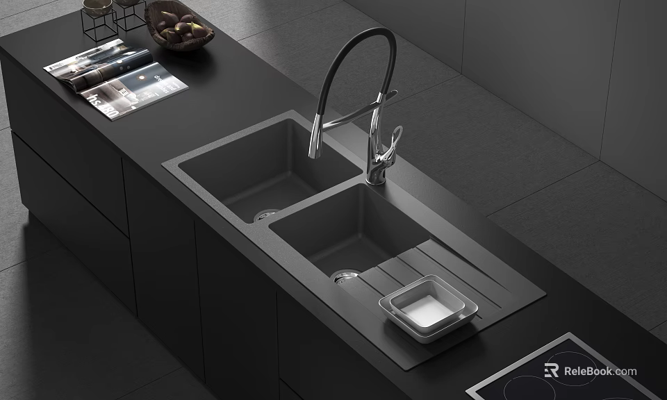 Stylish Modern Kitchen Double Bowl Sink With Faucet And Dark Countertop Design 3d model 