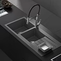 Stylish Modern Kitchen Double Bowl Sink With Faucet And Dark Countertop Design