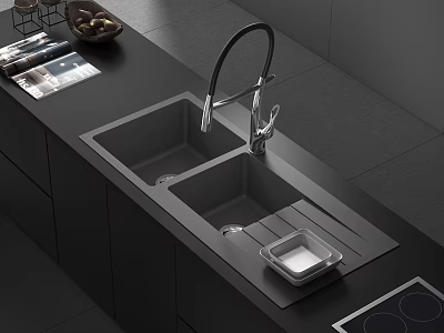 Stylish Modern Kitchen Double Bowl Sink With Faucet And Dark Countertop Design 3d model