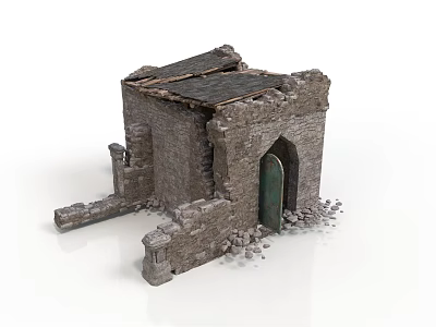 Ancient Ruined Stone Structure With Arched Doorway Damaged Roof And Scattered Debris 3d model