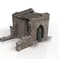 Ancient Ruined Stone Structure With Arched Doorway Damaged Roof And Scattered Debris