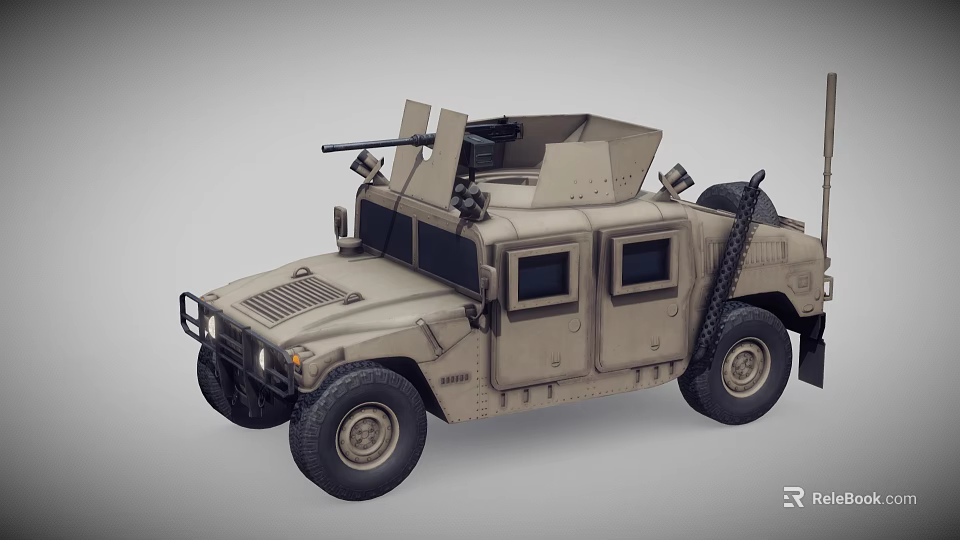 Military Functional Vehicle With Armored Body Roof Mounted Machine Gun And Large Tires 3d model 