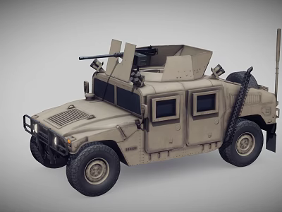 Military Functional Vehicle With Armored Body Roof Mounted Machine Gun And Large Tires 3d model