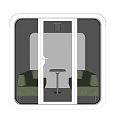 Green Public Chairs in White Square Enclosure with Glass Doors and Small Table Indoor