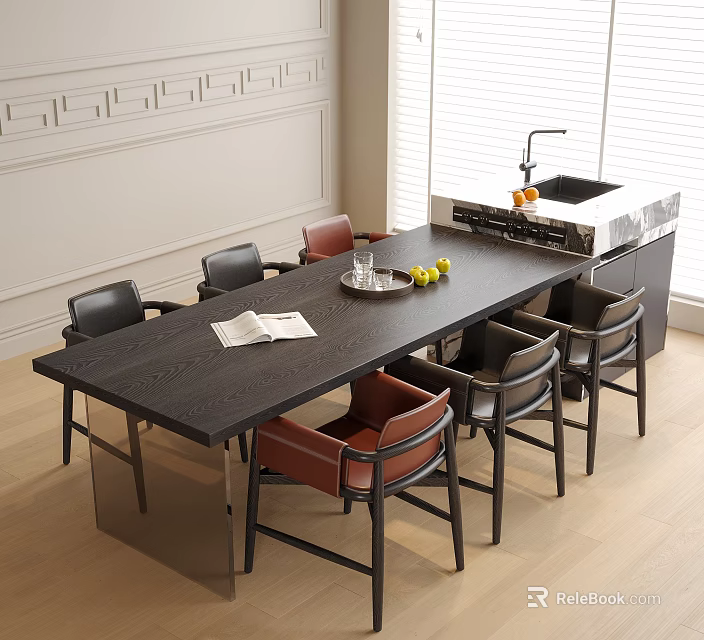 Modern Wooden Long Dining Table With Red Black Chairs In Open Kitchen With Marble Countertop 3d model 