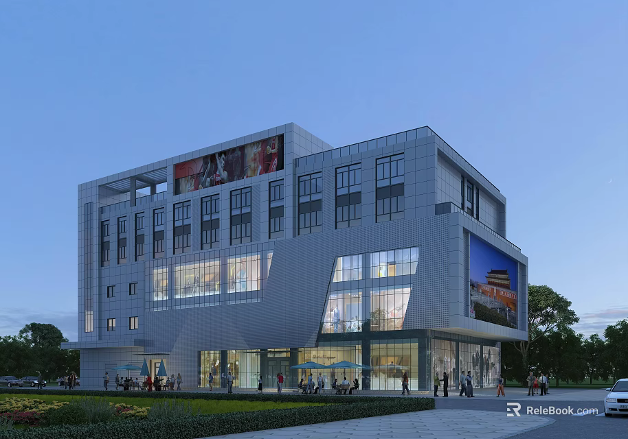 Modern Commercial Complex With Glass Facade Billboard Entrance And Pedestrian Landscaping 3d model 