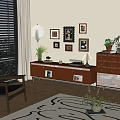 Wooden TV Stand With Vase Flowers Records Framed Photos Lamp Beside Armchair And Patterned Rug
