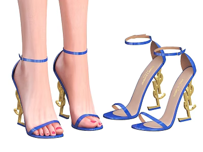 Stylish Blue High Heels With Ankle Strap And Golden Heel Design 3d model