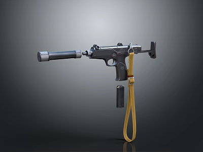 Black Submachine Gun Weapon with Silencer and Yellow Sling in Studio 3d model