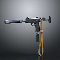 Black Submachine Gun Weapon with Silencer and Yellow Sling in Studio