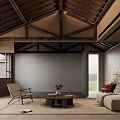 Warm Living Room With Wooden Beamed Ceiling Sofa Coffee Table And TV Wall