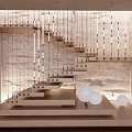 Modern Floating Stairs With Hanging Light Fixtures Stone Wall And White Spherical Decor