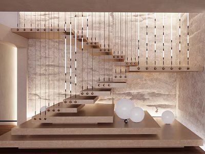 Modern Floating Stairs With Hanging Light Fixtures Stone Wall And White Spherical Decor 3d model