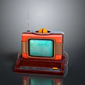Vintage Computer Monitor With Red Brown Casing Green Screen Antenna And Bottom Buttons