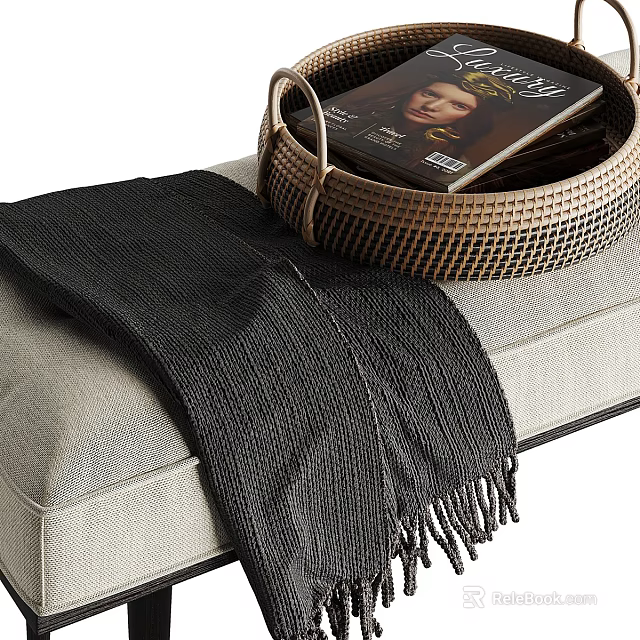 Cozy Light Gray Sofa Bench With Woven Basket Holding Magazines And Black Blanket 3d model 