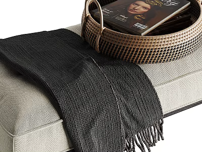 Cozy Light Gray Sofa Bench With Woven Basket Holding Magazines And Black Blanket 3d model