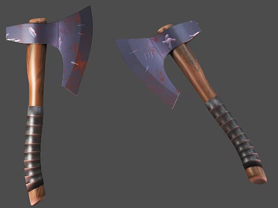 Battle Axe Weapon With Wooden Handle Metal Blade And Worn Red Stains 3d model
