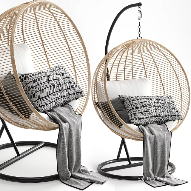 Comfortable Rattan Hanging Chair with Round Design White Cushion Striped Pillow and Gray Blanket 3d model 