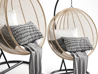Comfortable Rattan Hanging Chair with Round Design White Cushion Striped Pillow and Gray Blanket 3d model