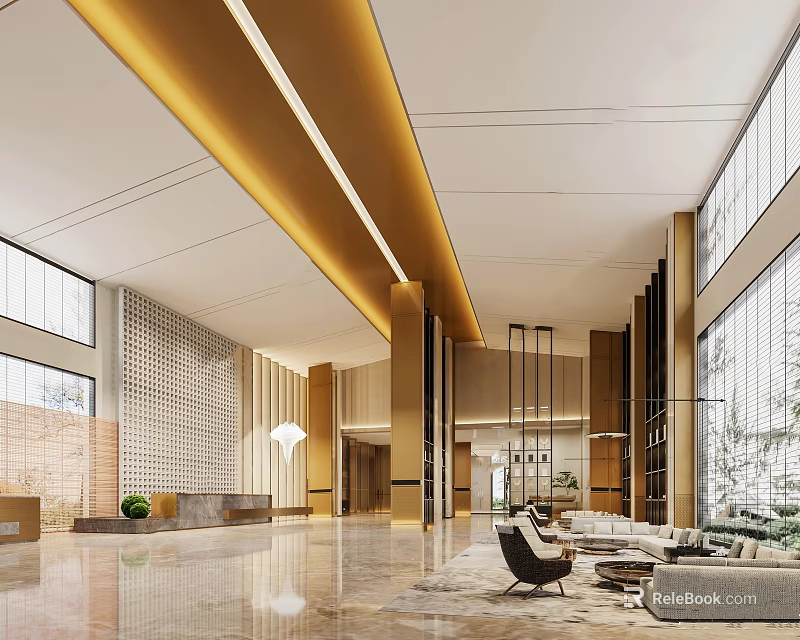 Spacious Modern Hotel Lobby With Large Windows Comfortable Seating And Elegant Lighting 3d model 