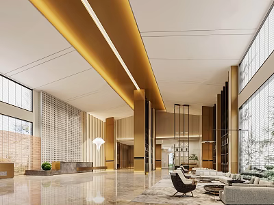 Spacious Modern Hotel Lobby With Large Windows Comfortable Seating And Elegant Lighting 3d model