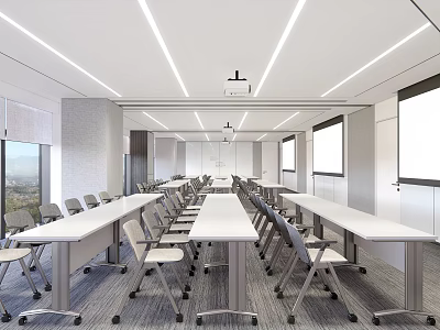 Modern Conference Room With Long Tables Chairs Projection Screens And Large Windows 3d model