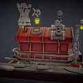 Cartoon Small Shop Scene With Stone Path Street Lamps Hanging Lanterns And Shelf Items