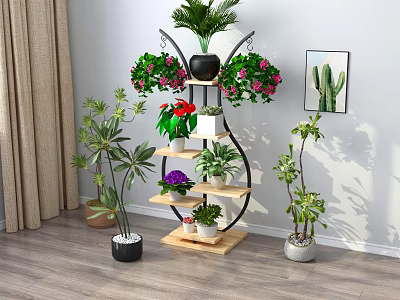 Indoor Bonsai Plants Display On Multi Tiered Stand With Hanging Flowers And Greenery 3d model